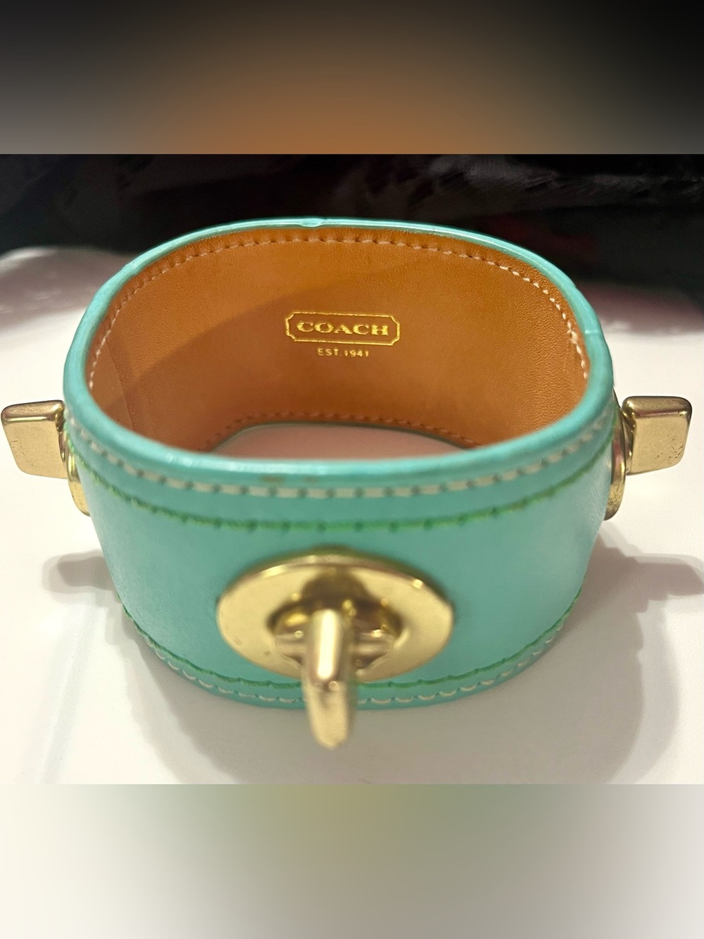 Coach Mint Green Leather Turnlock Cuff Bracelet with Gold Hardware